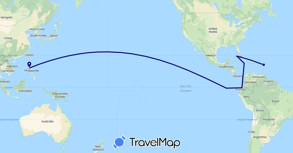 TravelMap itinerary: driving in Cuba, Ecuador, Guadeloupe, Jamaica, Philippines (Asia, North America, South America)